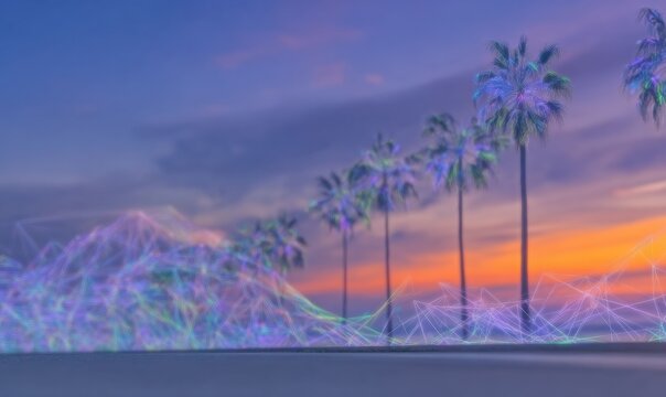 Premium Retro Futurism Synthwave Sunset with Neon Grid and Palm Silhouettes for Modern Millennial Marketing and Social Media Campaigns