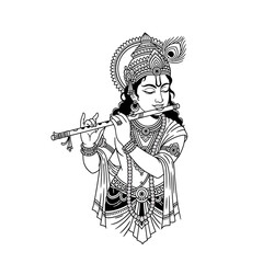Naklejka premium Black and white illustration of Hindu god Krishna playing the flute, adorned with jewelry, a crown, and a peacock feather.