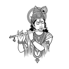 Naklejka premium Black and white illustration of Lord Krishna playing a flute, adorned with traditional ornaments.