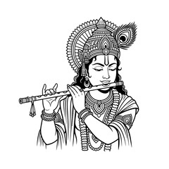 Obraz premium Intricate black and white illustration of Lord Krishna playing a flute, serene expression.