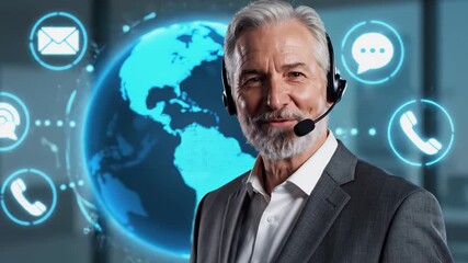 An elderly man with a headset smiles, Earth behind him with contact icons - Powered by Adobe