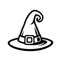 Black and white illustration of a witch hat with a buckle, perfect for Halloween, magic, or fantasy themes.