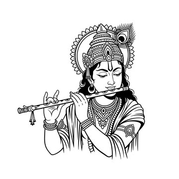 Stylized black and white illustration of Lord Krishna, adorned with a crown and peacock feather, playing a traditional flute.