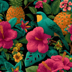 Seamless pattern with colorful flowers on a background, featuring a spring floral design with pink and yellow blossoms like daisy and gerbera