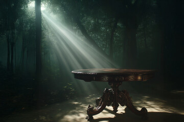 陽光のスポットライトに浮かび上がるテーブル