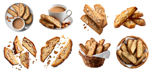 Obraz premium Set of Biscotti cantucci, classic Italian almond nut crunchy twice-baked cookie biscuit, pile stack bitten broken, basket, chai tea pairing, transparent cutout PNG. Many different Mockup template 
