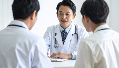 Fototapeta premium Asian Doctor in White Coat Discussing with Patients in Bright Office.