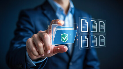 Businessman's touch secures digital documents using modern technology, offering safety and peace of mind for confidential data management and business records