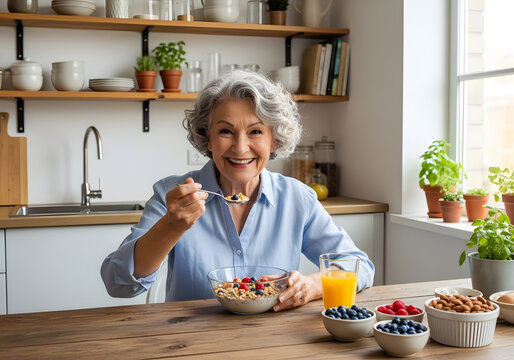Senior woman enjoying healthy breakfast with fruit and yogurt berries representing wellness healthy aging and vitality