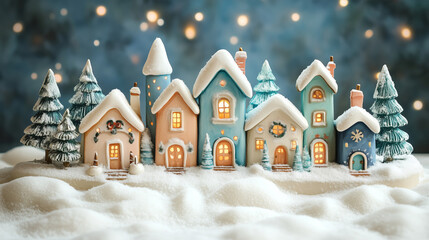 Naklejka premium Charming winter Christmas village with cute toy houses in snow and cozy atmosphere, perfect festive holiday background for New Year and Christmas greeting cards and illustrations