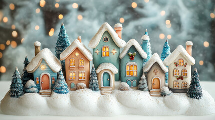 Cute Christmas Houses in snow, cozy winter fairytale miniature village with festive atmosphere, perfect for greeting card design, winter wonderland concept and New Year holid