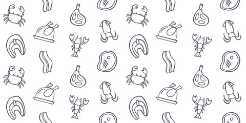 Naklejka premium Seamless Meat and Seafood Doodle Pattern, Minimal Blue Line Art Background, Butcher Shop and Fish Market Food Texture, Grill BBQ Digital Wallpaper Design