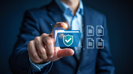 Businessman securing data with digital document safety, modern security technology and data protection for business file management solutions