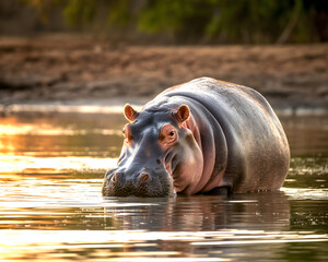 Fototapeta premium Majestic hippopotamus emerges from golden river waters bathed in warm, soft sunset light, a powerful wildlife portrait