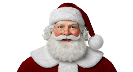 Realistic portrait of a jolly Santa Claus smiling warmly on a white background.