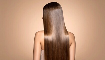 Naklejka premium Beautiful Womans Glossy with Silky, Straight Brown Hair, Back View, and Beige Background.