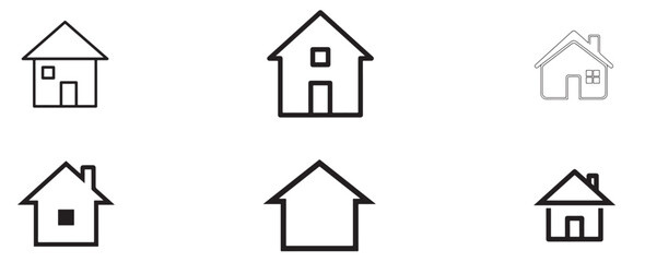 A collection of six house icons isolated on white background, each rendered in a simple, minimalist style with variations in design, suitable for representing real estate, home, or property concepts