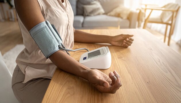 Black woman checking blood pressure at home with medical device on arm Health care.