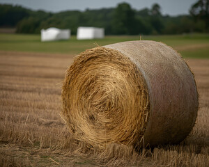 Golden hay bale rests in harvested field under soft overcast sky, evoking rural harvest bounty and agricultural abundance