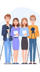 Obraz premium Cartoon Team of Videographers and Journalists Standing Together with Cameras and Documents, Media Professionals, Creative Team, Teamwork Illustration