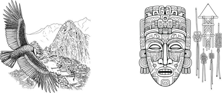 Vintage Machu Picchu, Condor Bird, and Aztec Mayan Mask Vector