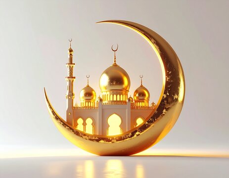 3D crescent moon with mosque silhouette on white - Powered by Adobe