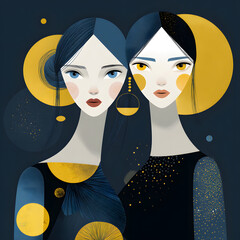 Two girls in night with fashion beauty lips and black silhouette vector illustration