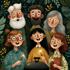 Brightly colored dolls and puppets with various faces lined up for Christmas and holiday decoration