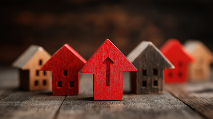 Wooden house blocks with red arrow pointing up representing growth on rustic wooden background