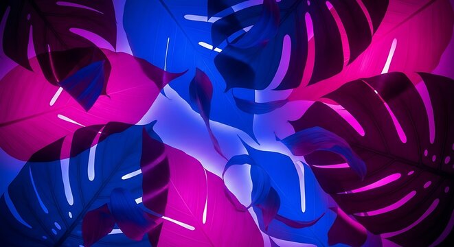 Creative fluorescent color layout made of tropical leaves. Flat lay neon colors. Nature concept.