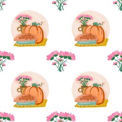 A seamless pattern with pumpkin pies and pumpkins, creating a warm and cozy autumn vibe. Perfect for art, fabric, or background designs.
