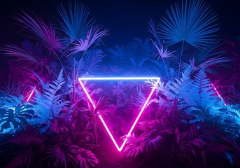 Creative fluorescent color layout made of tropical leaves with neon triangle square. Flat lay neon colors. Nature concept.