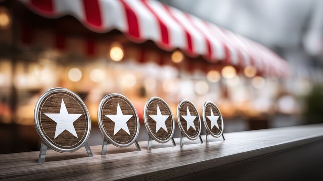 Five polished silver stars gracefully arranged in row on textured wooden surface embodying success and quality.