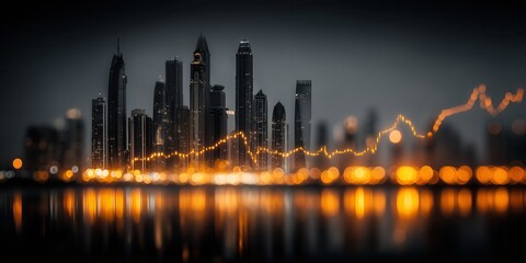 Double exposure image of a business stock chart overlaid with a city view
