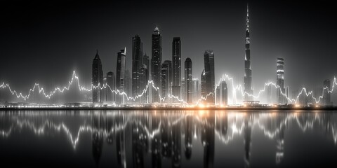 Double exposure image of a business stock chart overlaid with a city view