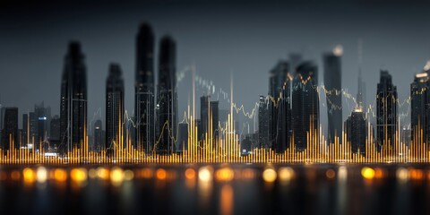 Double exposure image of a business stock chart overlaid with a city view