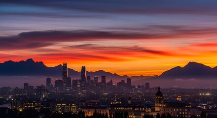 Obraz premium vibrant sunset sky in Suizhou, China, showing mountain peaks and building structures at twilight.