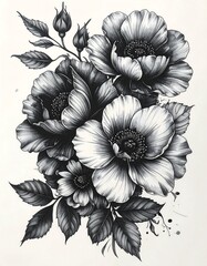 A detailed monochromatic drawing of a floral arrangement, featuring open blooms, closed buds, and lush foliage. The style is shaded with intricate line work