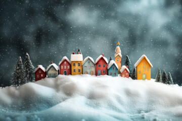 Fairy Tale Christmas Town. Colorful houses in snow. Cozy winter village. Christmas and New Year Background