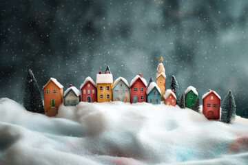 Fairy Tale Christmas Town. Winter Village, Colorful Houses in snow. Cute illustration for background Christmas and New Year designs