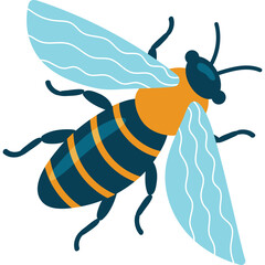 Stylized Bee Illustration with Orange and Blue Body and Light Blue Wings on Transparent Background
