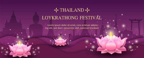 Poster of Thailand tradition in river worship, Loy Kratong Festival with wording of event, example texts on silhouette of ancient temples and gradient of red purple background.