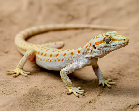 Stunning tokek gecko with vibrant orange spots and piercing eyes poses on sandy ground, capturing intricate natural detail