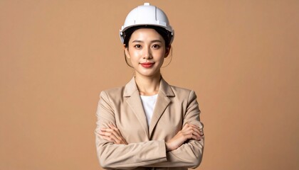 Confident Asian Female Engineer in Hard Hat with Arms Crossed with Beige Backdrop.
