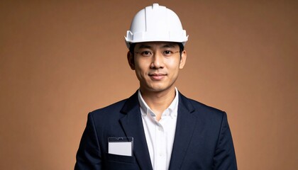 Confident Asian Engineer in Hard Hat  Suit with Ready for Project on Brown Background.