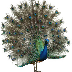 Fototapeta premium Elegant peacock displaying feathers isolated on transparent background