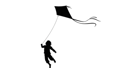 Black silhouette of a child flying a kite for childhood freedom and outdoor play design isolated PNG with Transparent Background