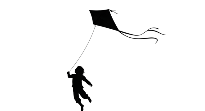 Black silhouette of a child flying a kite for childhood freedom and outdoor play design isolated PNG with Transparent Background