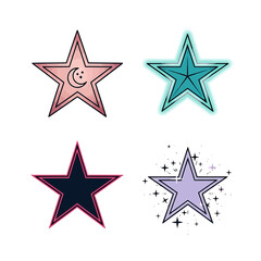 Obraz premium Four star illustrations in pink, teal, black, and lavender with different designs inside and around them.