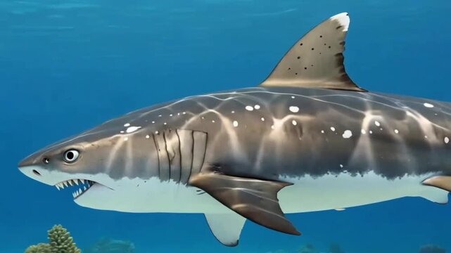 stylized, animated gray and white shark with large teeth swims dynamically towards the camera through clear blue water over a coral reef. The shark has distinct white spot patterns along its body